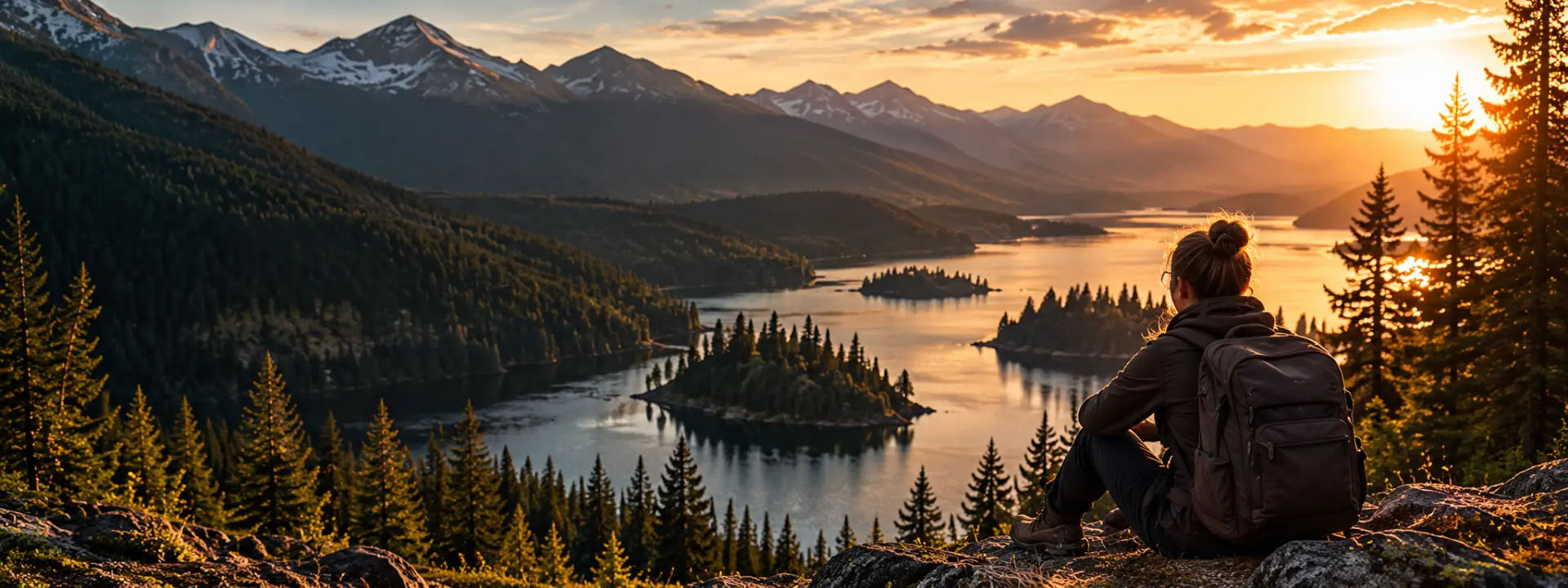 A hiker looking across a mountain lake at sunset