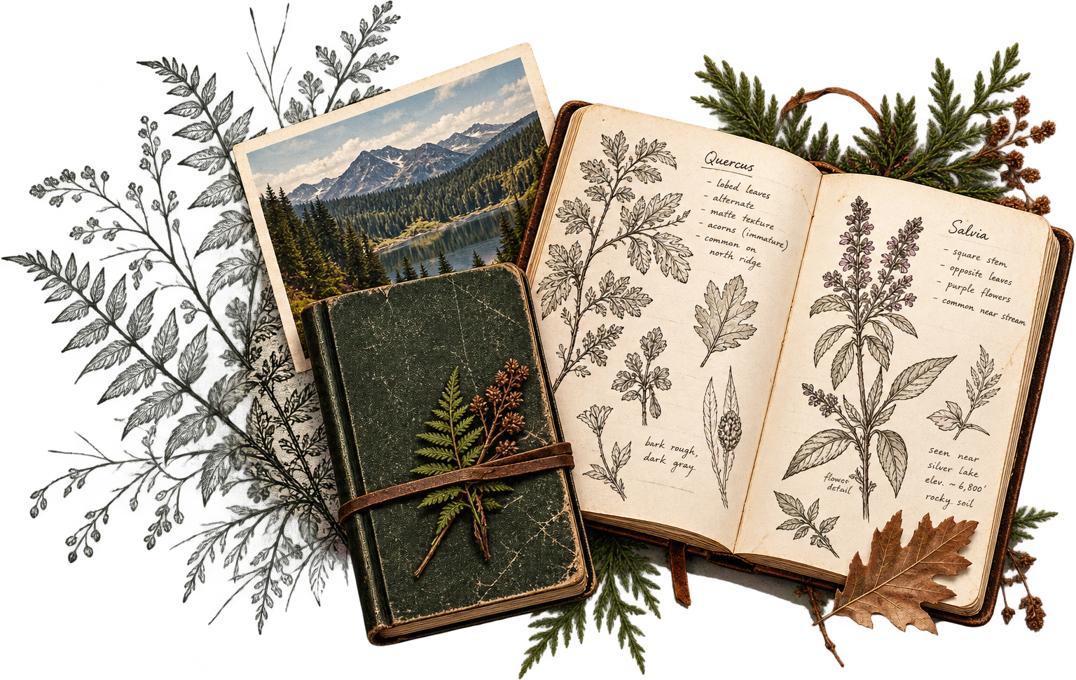 An open botanical field notebook, a closed journal and a landscape photograph among ferns