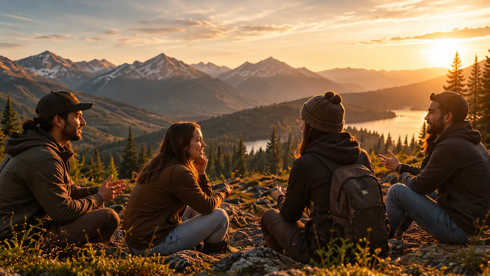 Four people sharing a conversation above a mountain lake
