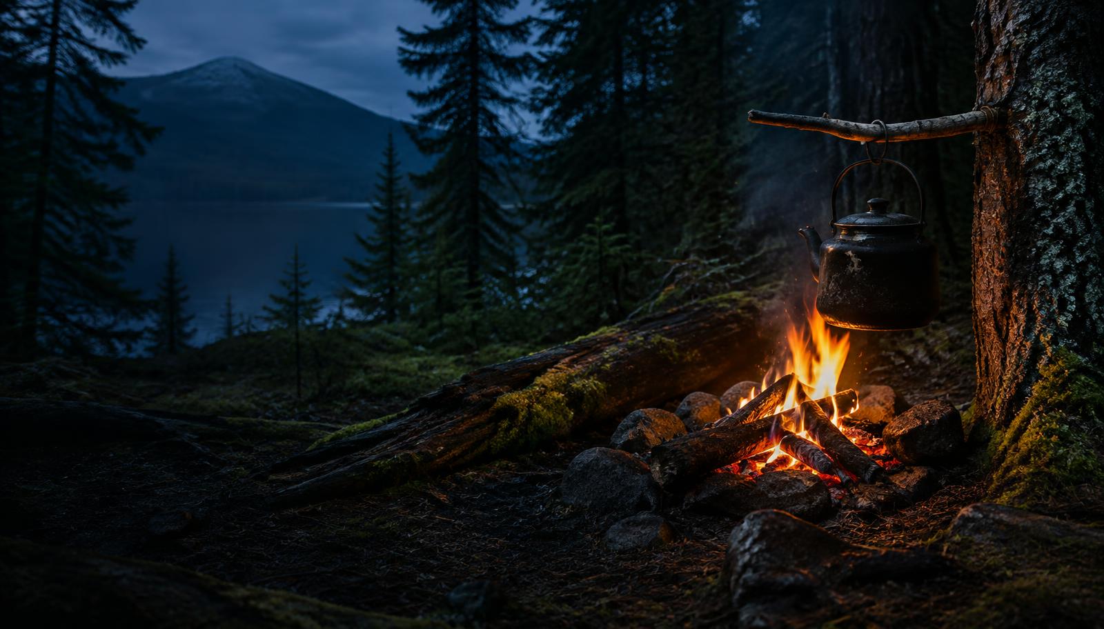 A campfire and kettle beside a mountain lake