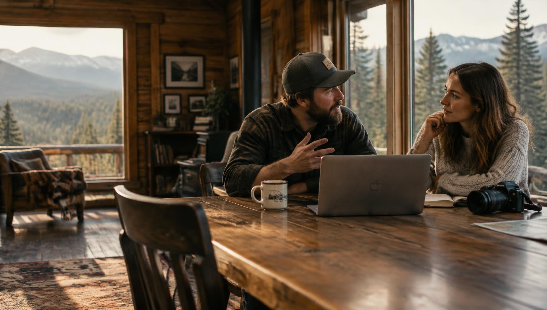 Two people talking over coffee in a cabin with mountains outside